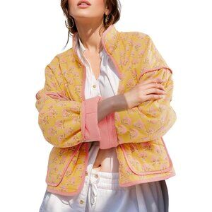 Women's Floral Quilted Jackets Cropped Button Down Padded Puffer Jacket Yellow